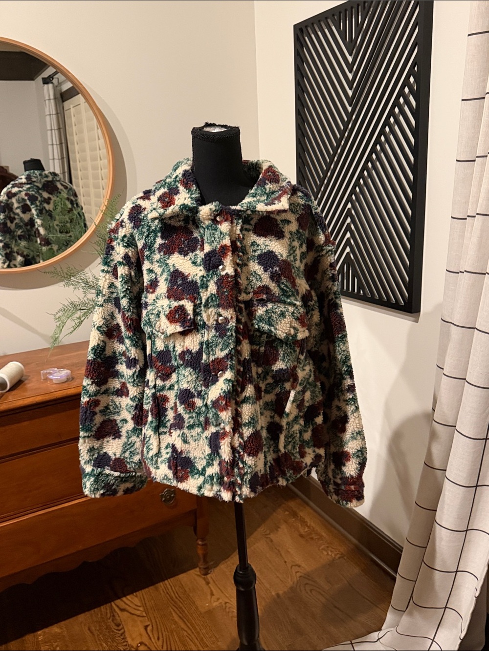 POL Floral Sherpa Jacket in Cream, Green & Burgundy medium